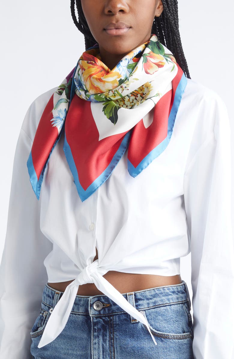 Dolce&Gabbana Floral Print Silk Twill Square Scarf, Alternate, color, Hs5pc B.fiori Cret.b/ Rosso