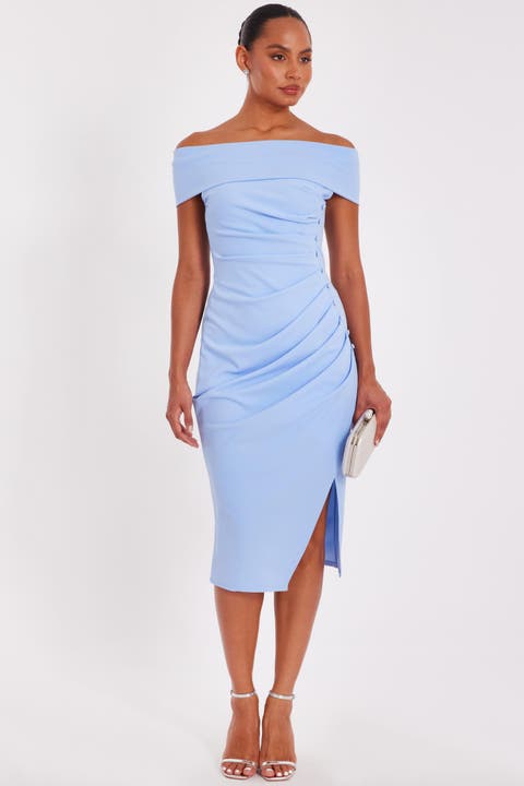 Scuba Crepe Bardot Midi Dress With Button Detail