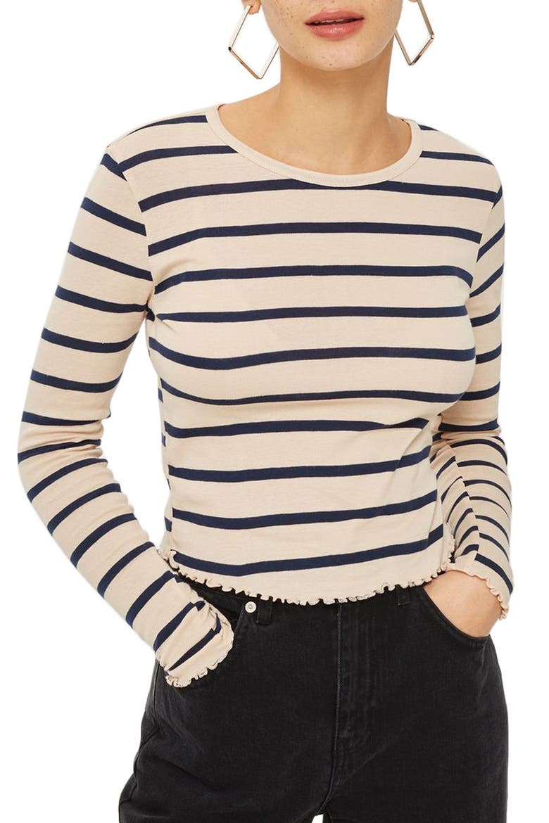 Petite Stripe Lettuce Trim T-Shirt, Main, color, NUDE MULTI