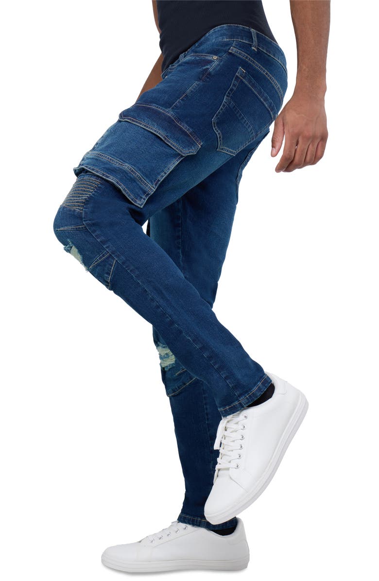 XRAY Slim Fit Rip & Repair Moto Cargo Jeans, Alternate, color, 