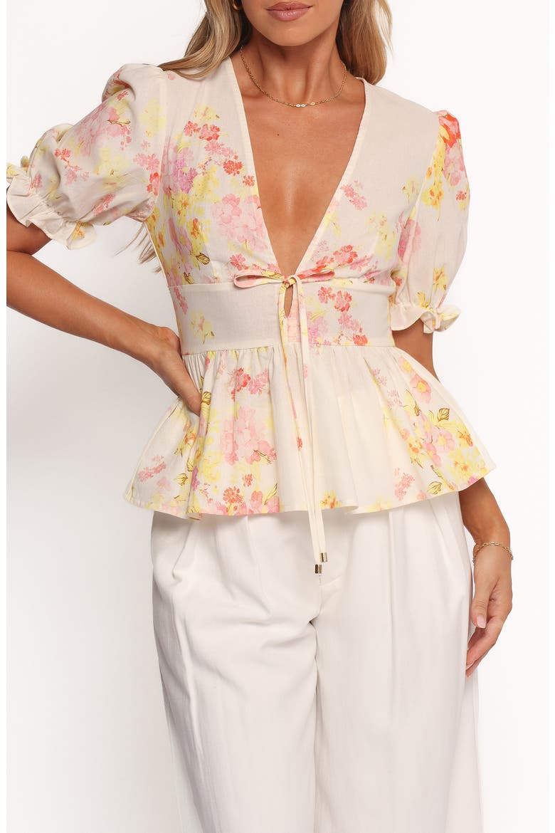 Duchess Ruffle Hem Puff Sleeve Top, Main, color, PINK FLORAL