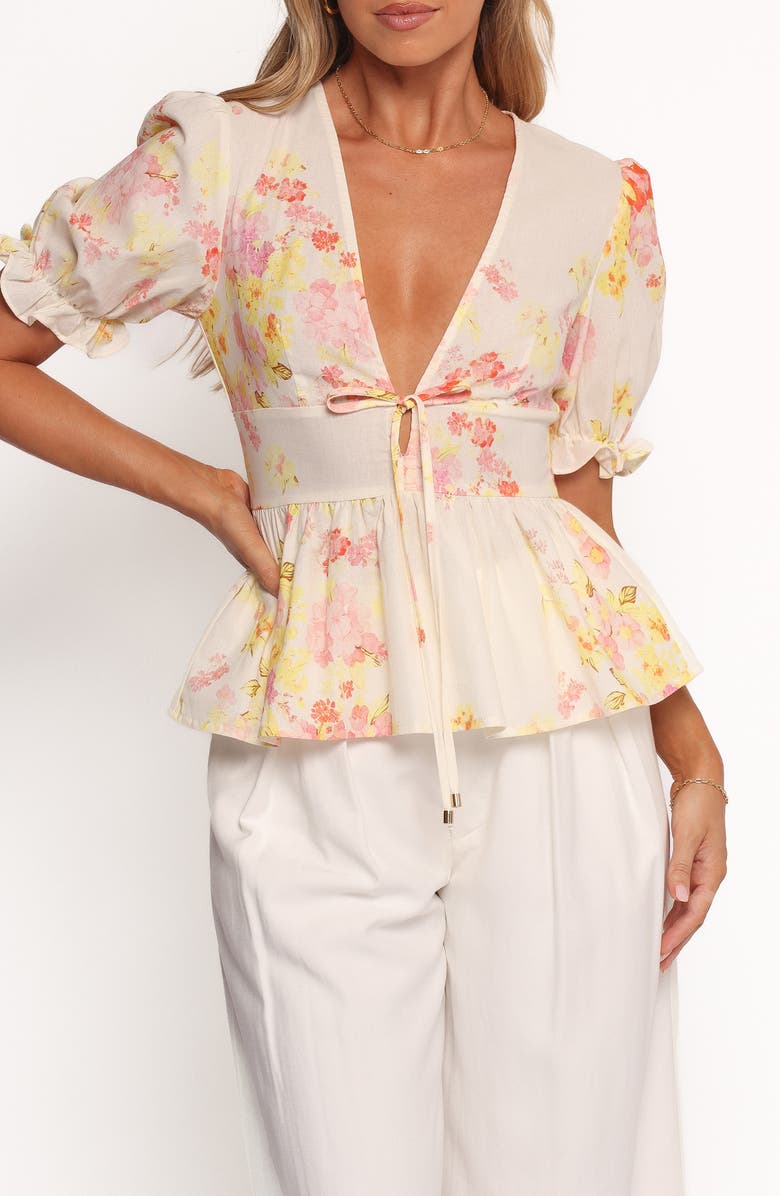 Petal & Pup Duchess Ruffle Hem Puff Sleeve Top, Main, color, Pink Floral
