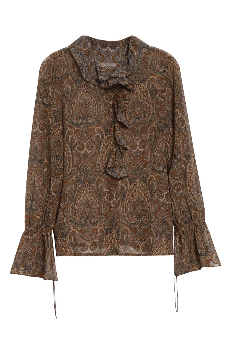 Nili Lotan Cecily Paisley Ruffle Trim Button-Up Silk Top, Alternate, color, Khaki Paisley