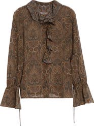 Nili Lotan Cecily Paisley Ruffle Trim Button-Up Silk Top