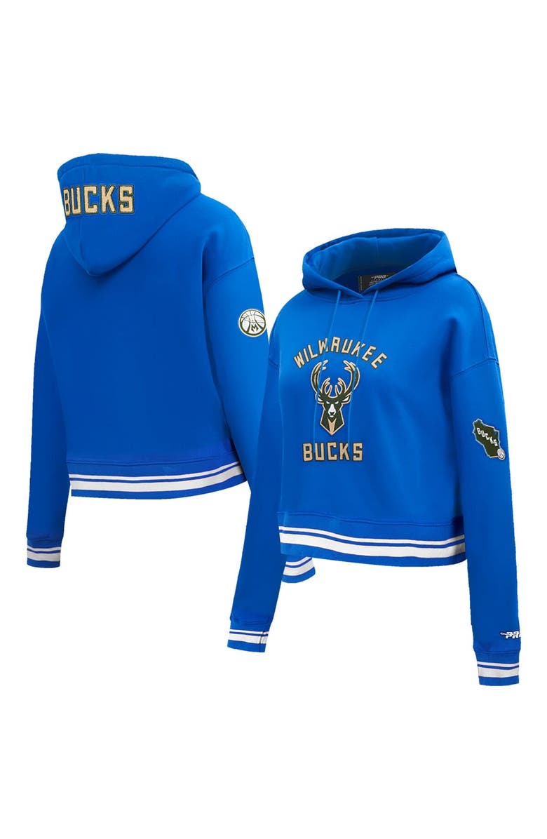 PRO STANDARD Men's Pro Standard Blue Milwaukee Bucks 2024/25 City Edition Chenille Applique Cropped Pullover Hoodie, Main, color, 