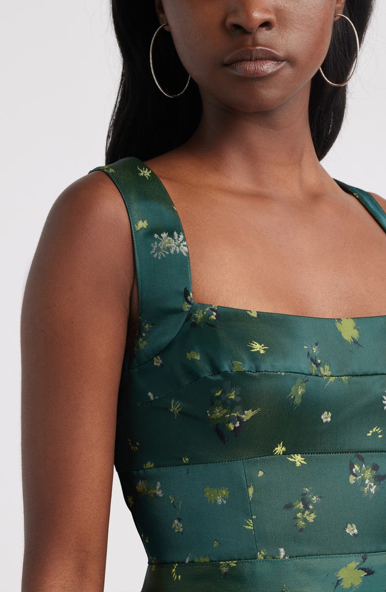 Pleated Seamed Bodice Jacquard Maxi Cocktail Dress