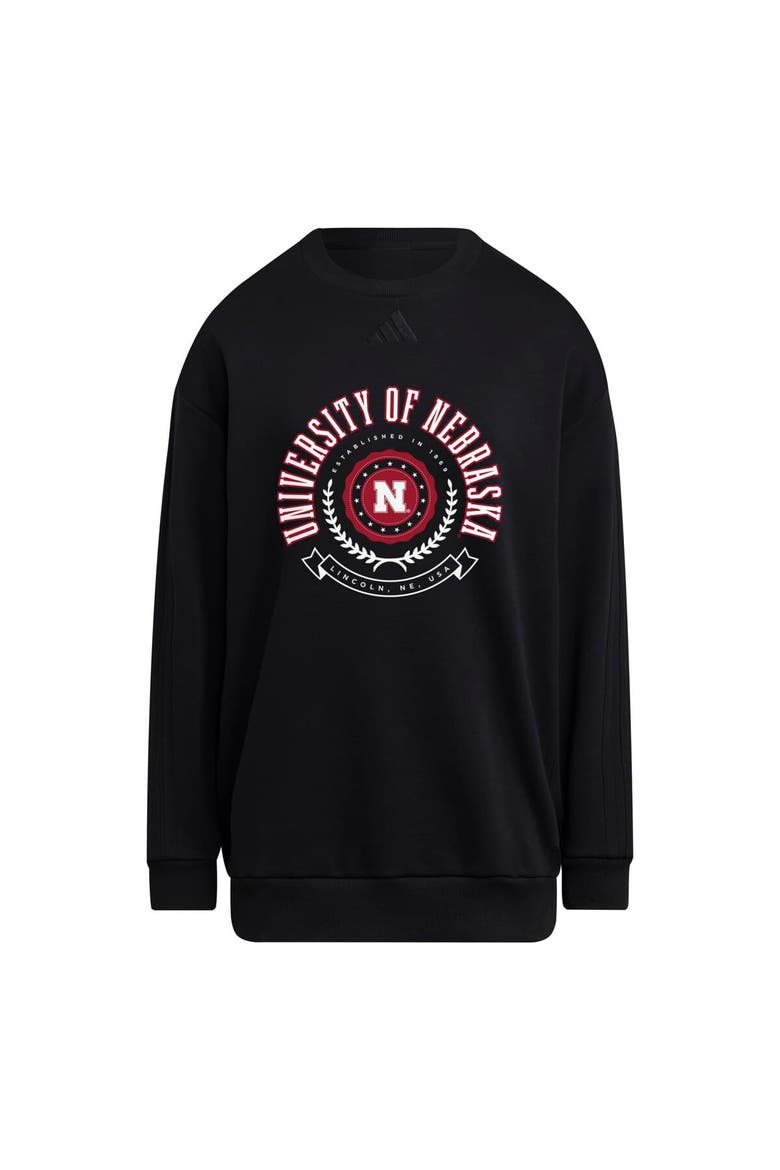 Women's adidas Black Nebraska Huskers Oversized Crewneck Pullover, Alternate, color, Black