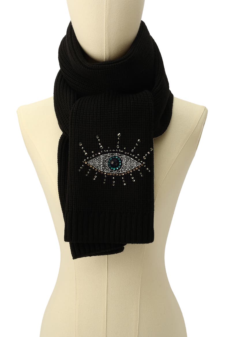 Evil Eye Crystal Embellished Scarf, Alternate, color, BLACK