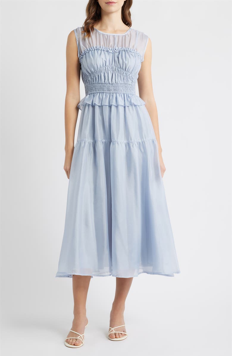 MOON RIVER Semi Sheer Yoke Gathered Peplum Midi Dress, Main, color, Dusty Blue
