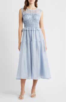 Semi Sheer Yoke Gathered Peplum Midi Dress
