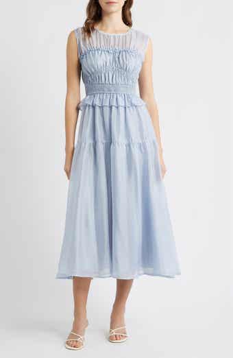 MOON RIVER Semi Sheer Yoke Gathered Peplum Midi Dress