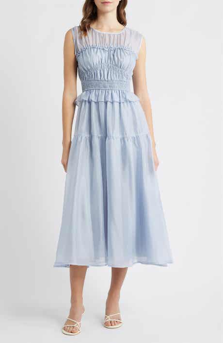 MOON RIVER Semi Sheer Yoke Gathered Peplum Midi Dress