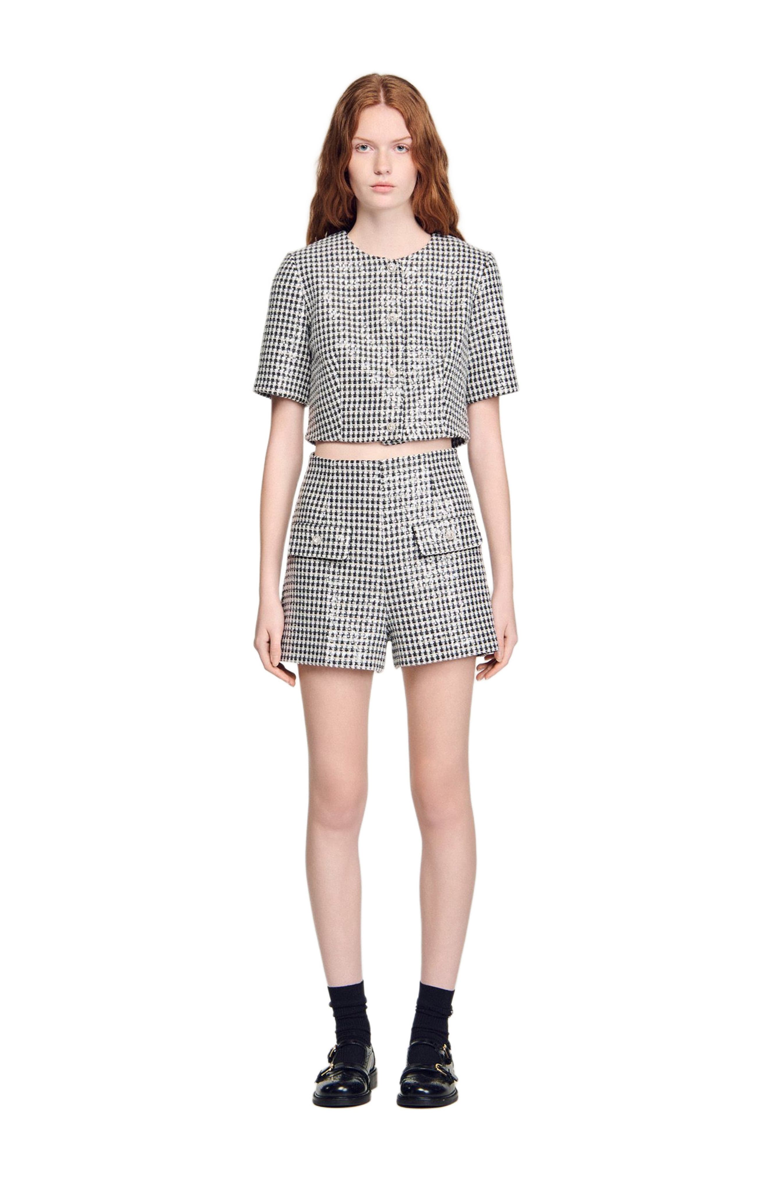 Sequin houndstooth tweed shorts