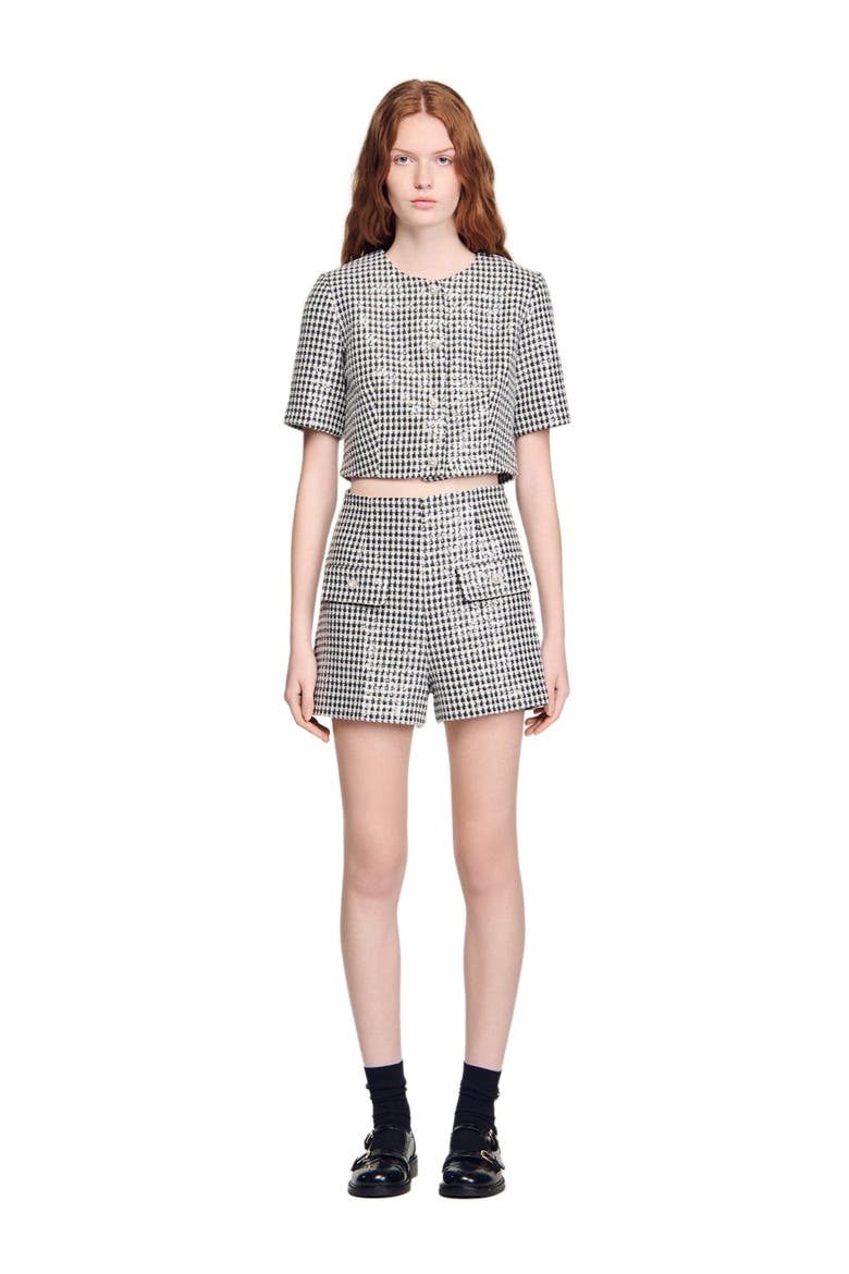 Sequin houndstooth tweed shorts, Main, color, Black / white