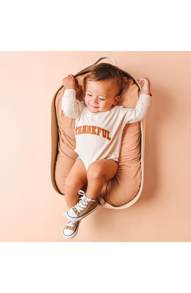 Sweet Wink Thankful Patch Varsity Thanksgiving Long Sleeve Romper, Alternate, color, Natural