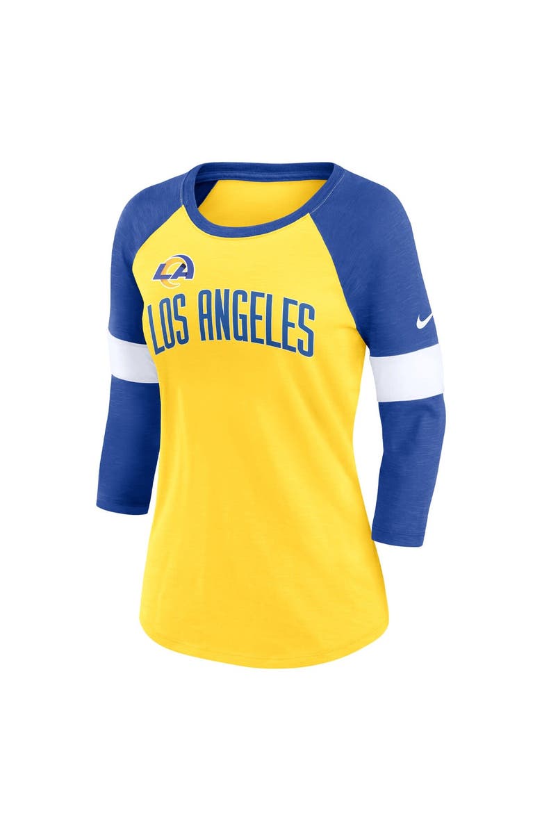 Nike Women's Nike Los Angeles Rams Heather Gold/Heather Royal Football Pride Raglan 3/4-Sleeve T-Shirt, Alternate, color, 