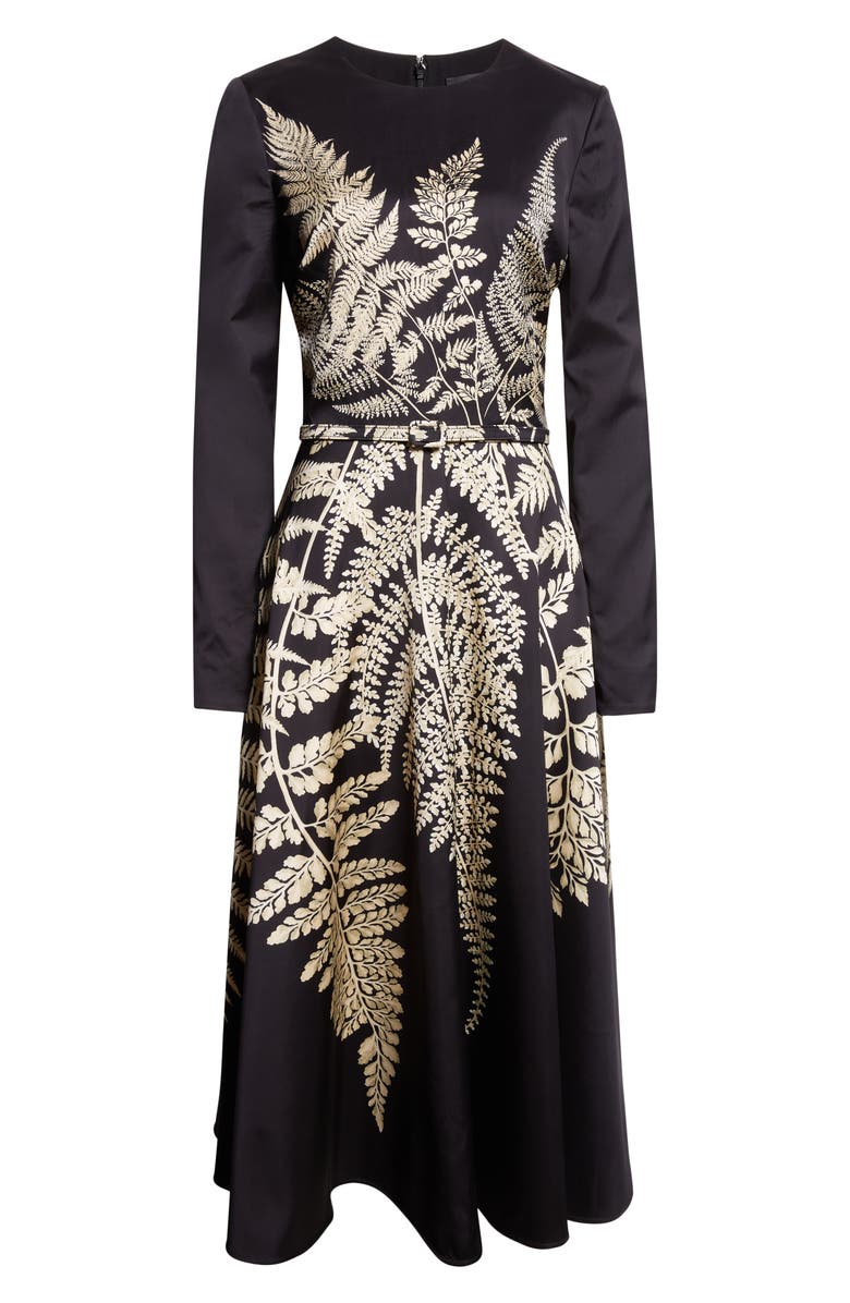 Oscar de la Renta Fern Print Belted Long Sleeve Cocktail Dress, Alternate, color, Black/ Ecru