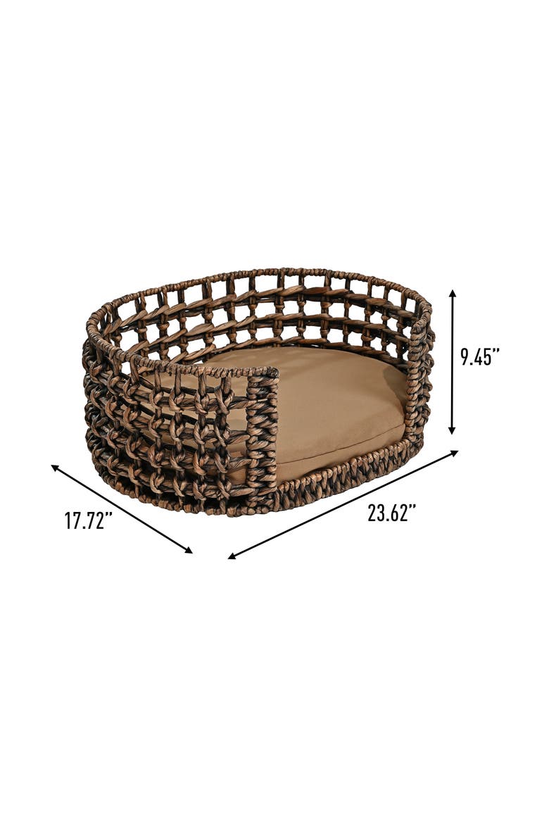 Gigi 24" x 18" Modern Handwoven Hyacinth Open-Weave Oval Pet Bed, Machine-Washable Cushion, Alternate, color, Brown