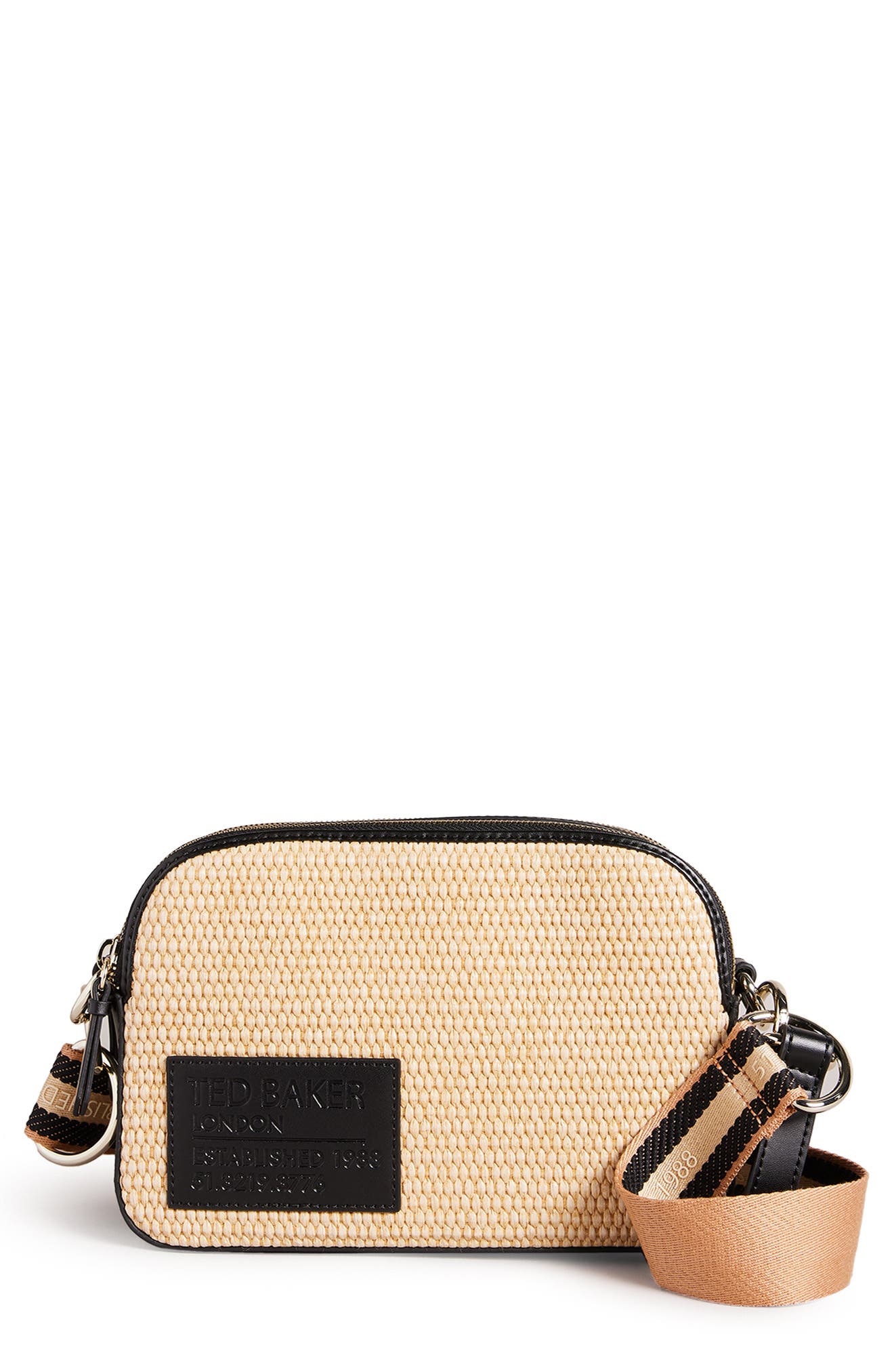 Ted Baker London Stello Leather, Branded Webbing & Raffia Crossbody Bag, Main, color, 