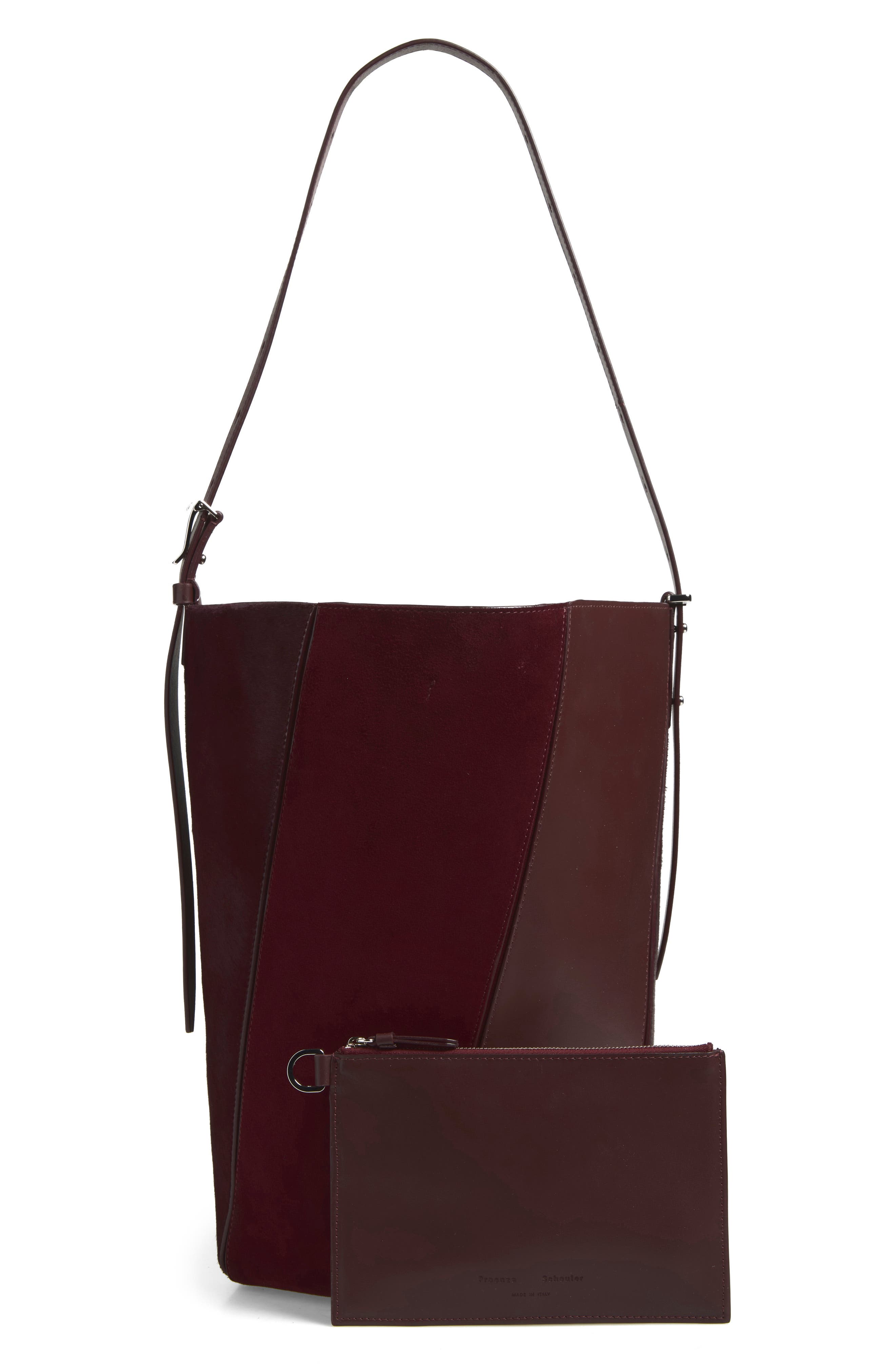 Hex Leather and Haircalf Bucket Bag, Alternate, color, BORDEAUX
