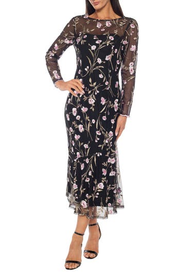 Marina Long Sleeve Floral Embroidered Midi Cocktail Dress In Multi