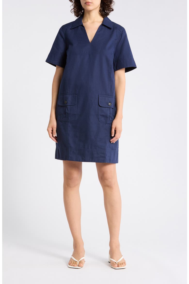 Utility Twill Short Sleeve Cotton & Linen Shift Dress, Main, color, COASTLINE