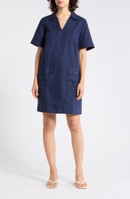 Tommy Bahama Utility Twill Short Sleeve Cotton & Linen Shift Dress