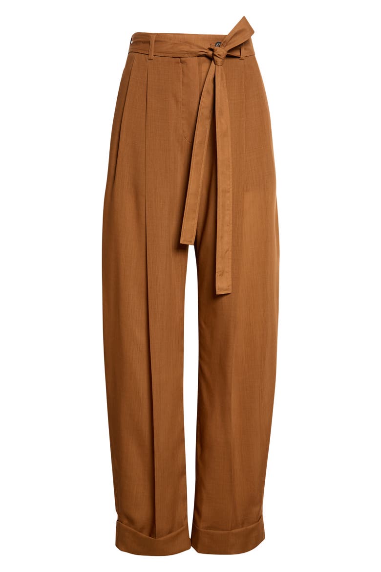 Belted Pleated Barrel Leg Virgin Wool Trousers, Alternate, color, COGNAC