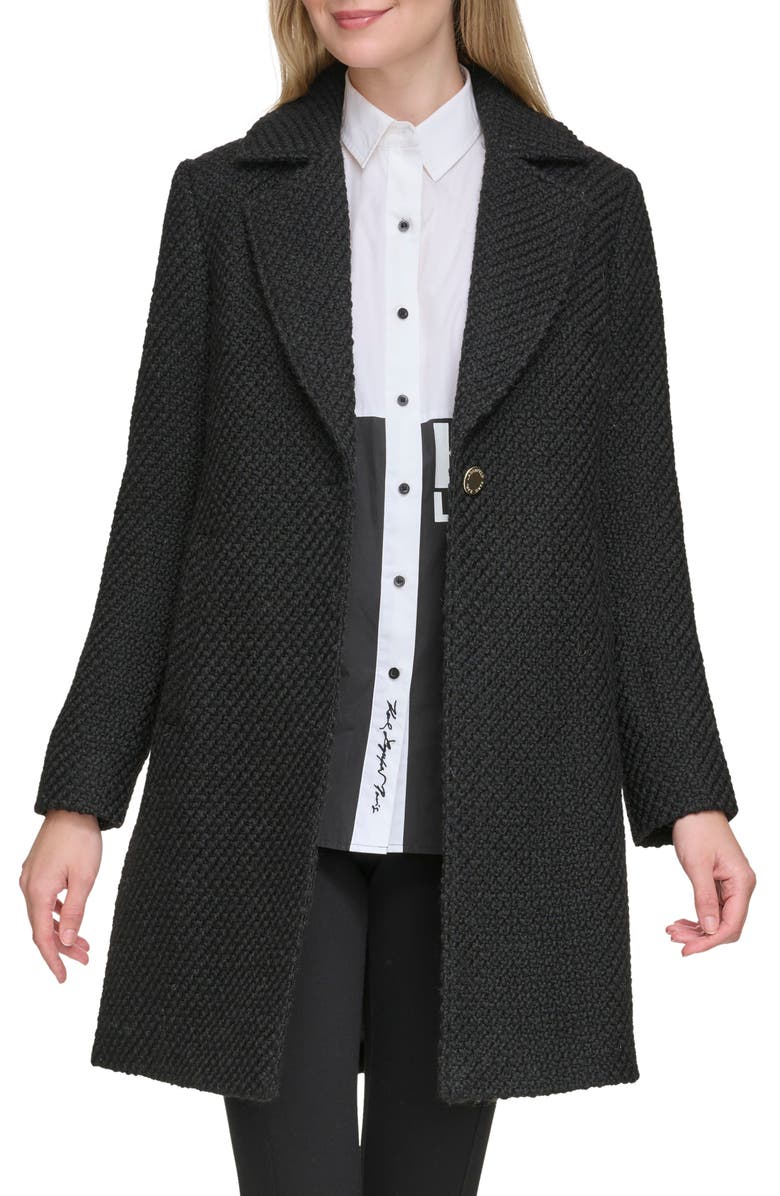 KARL LAGERFELD PARIS One Button Wool Blend Bouclé Coat, Main, color,
