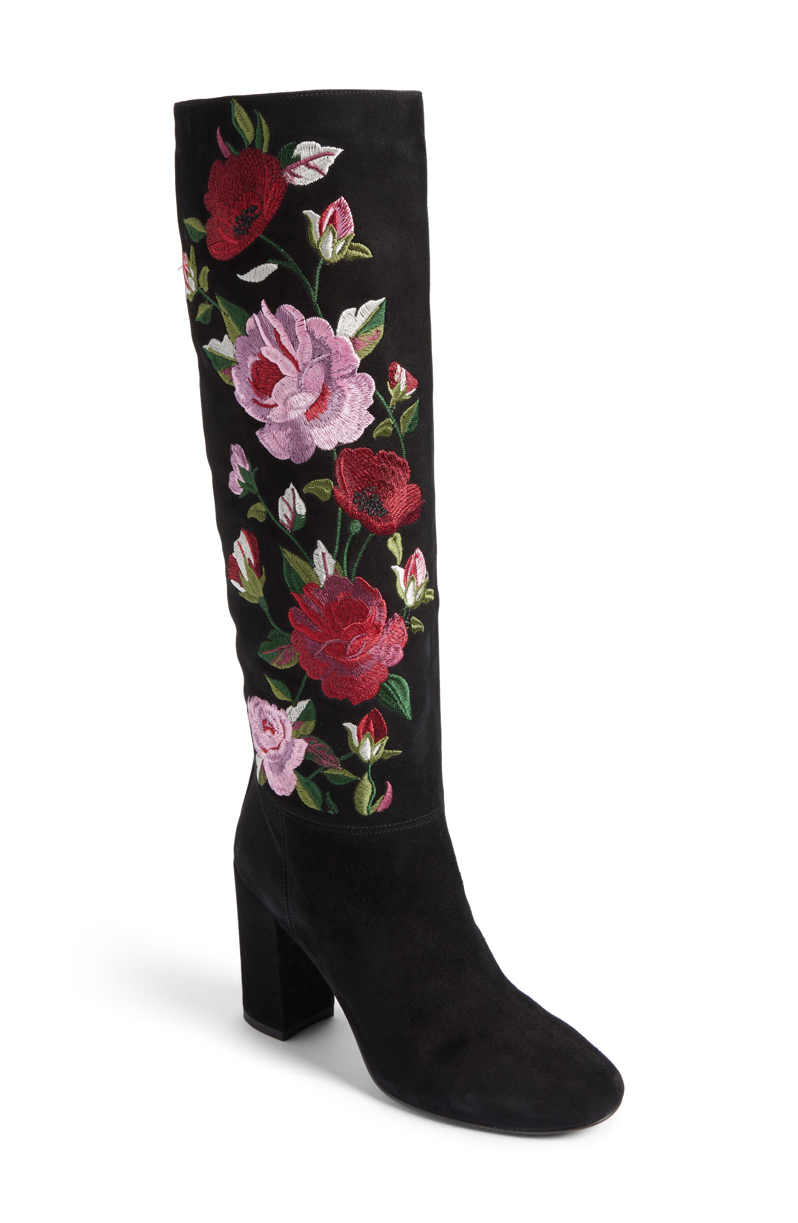 greenfield flower embroidered boot, Main, color, BLACK SUEDE