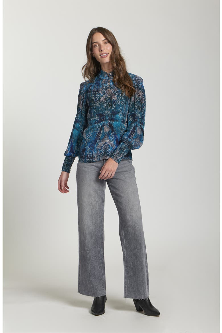 Puff Shoulder Button Front Top, Alternate, color, TURQUOISE MULTI