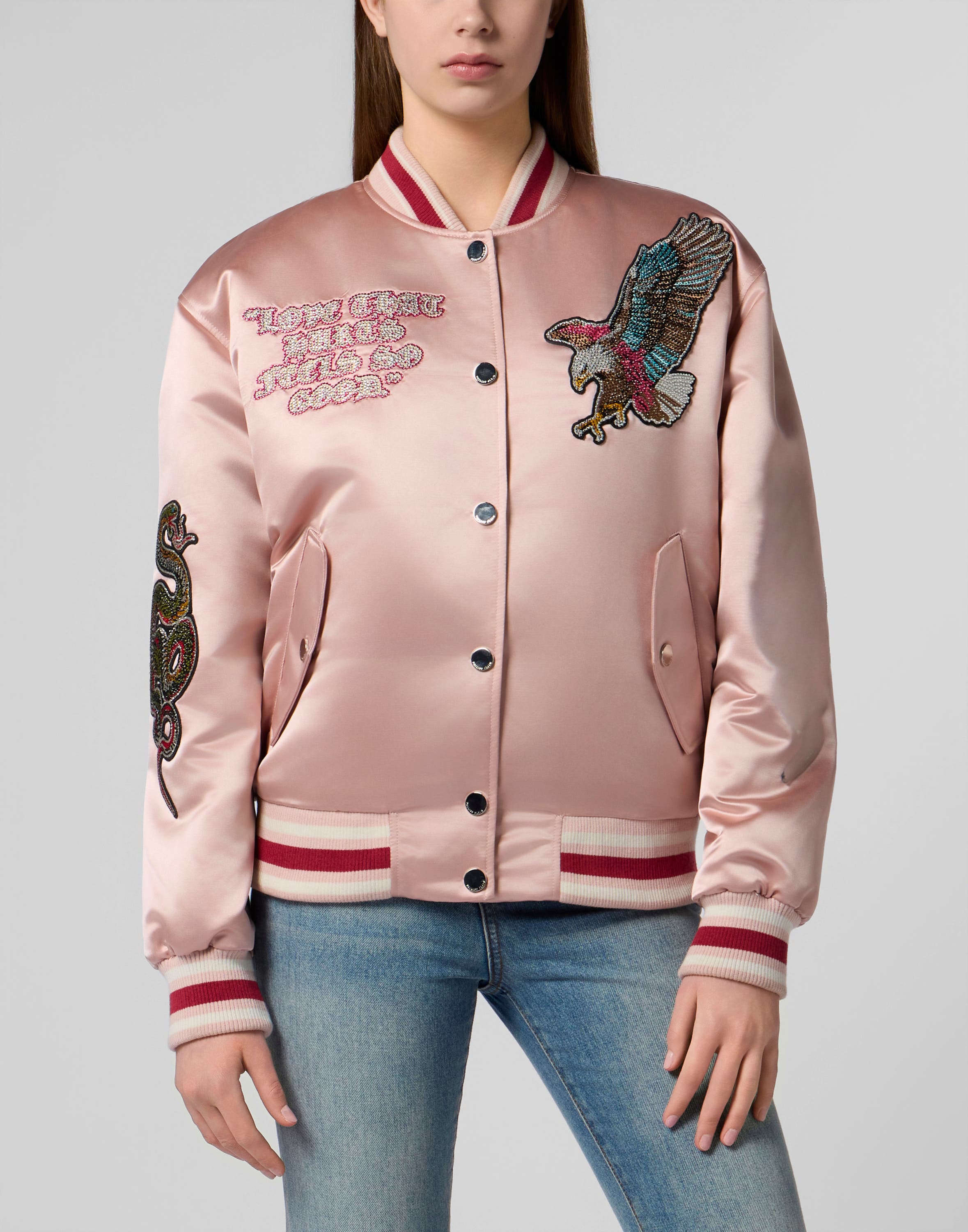 Philipp Plein Oversized Bomber Patches Strass Women In Rose/pink