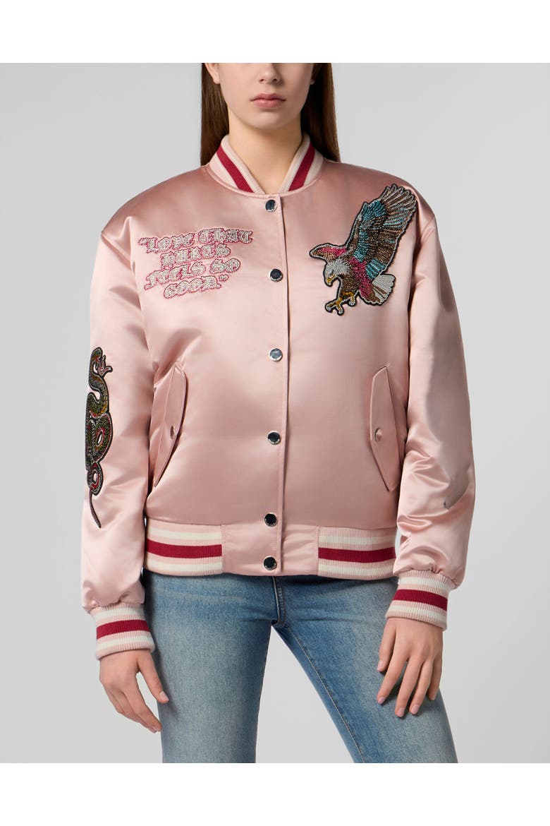 Oversized Bomber Patches Strass Women, Main, color, rose/pink