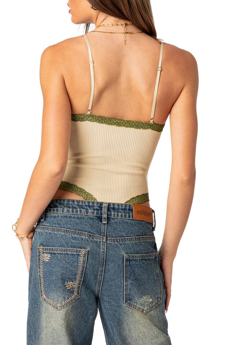 EDIKTED Forest Lace Detail Rib Bodysuit, Alternate, color,