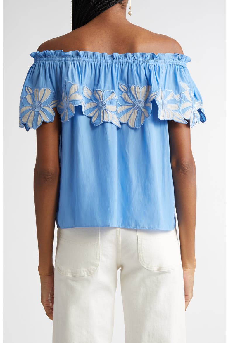Terri Embroidered Floral Ruffle Off the Shoulder Top, Alternate, color, RIBBON BLUE