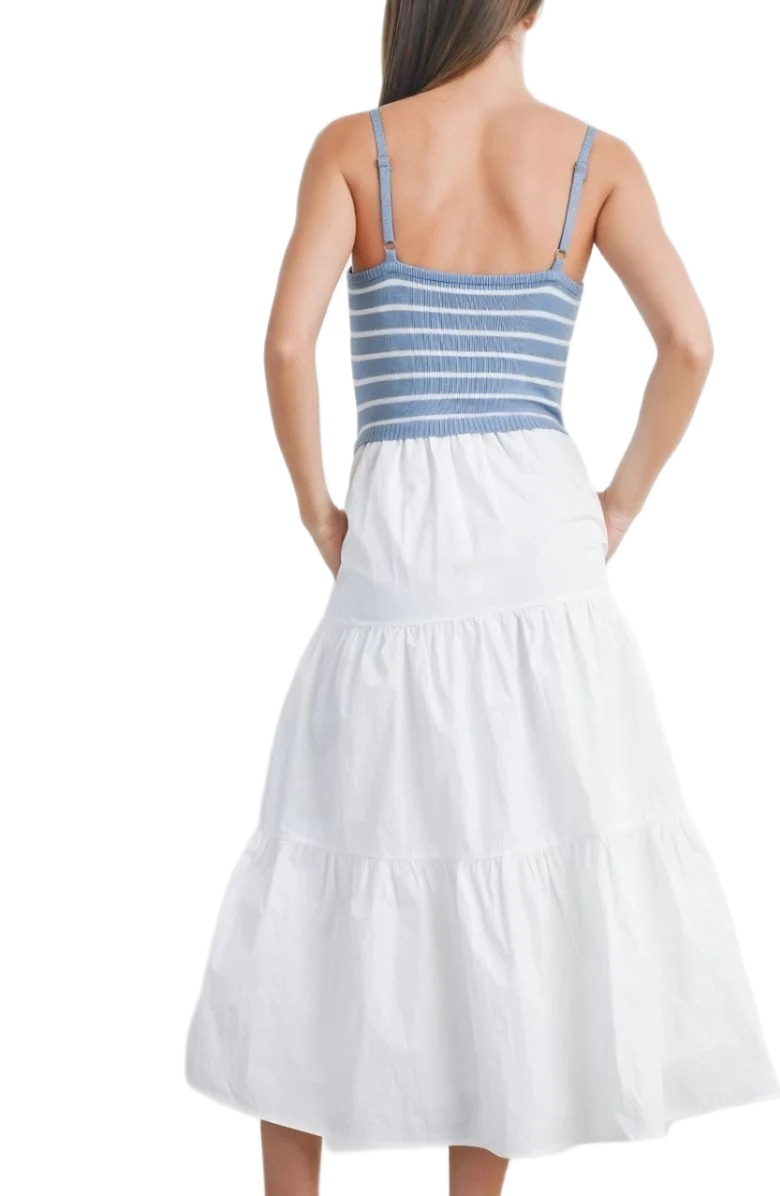 Knit and Lounge Striped Knit Bodice Tiered Midi Dress with Spaghetti Straps, Alternate, color, 