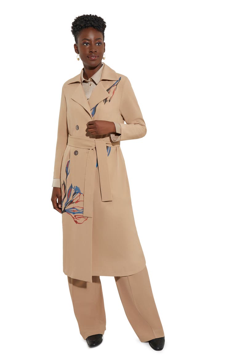Floral Embroidered Belted Double Breasted Trench Coat, Alternate, color, SAND/RUSSET/BISCOTTI/LYONS