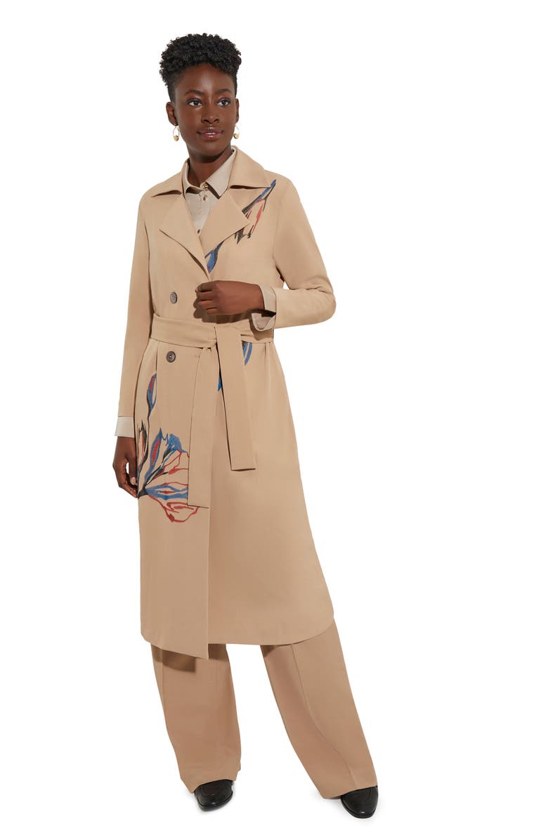 Misook Floral Embroidered Belted Double Breasted Trench Coat, Alternate, color, 