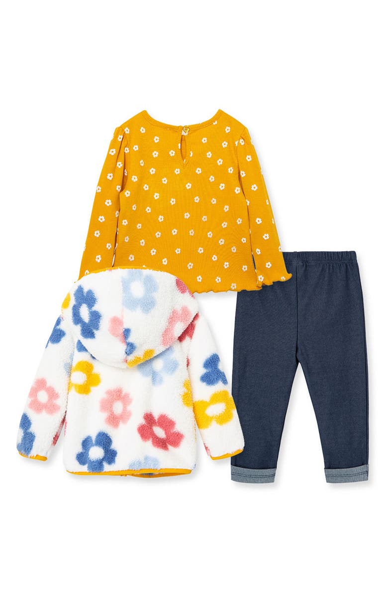 Little Me Floral Print Fleece Jacket, Long Sleeve Shirt & Leggings Set, Alternate, color, 