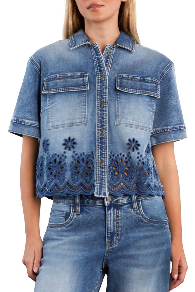 Petal Eyelet Denim Button-Up Shirt, Main, color, RELAXED BLUE