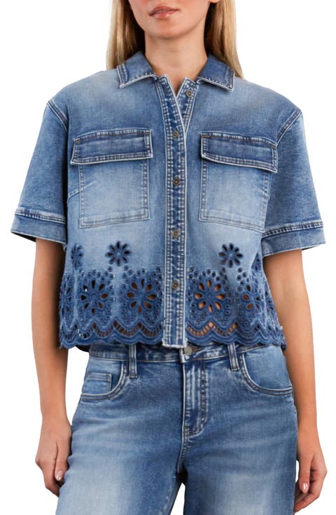 Petal Eyelet Denim Button-Up Shirt