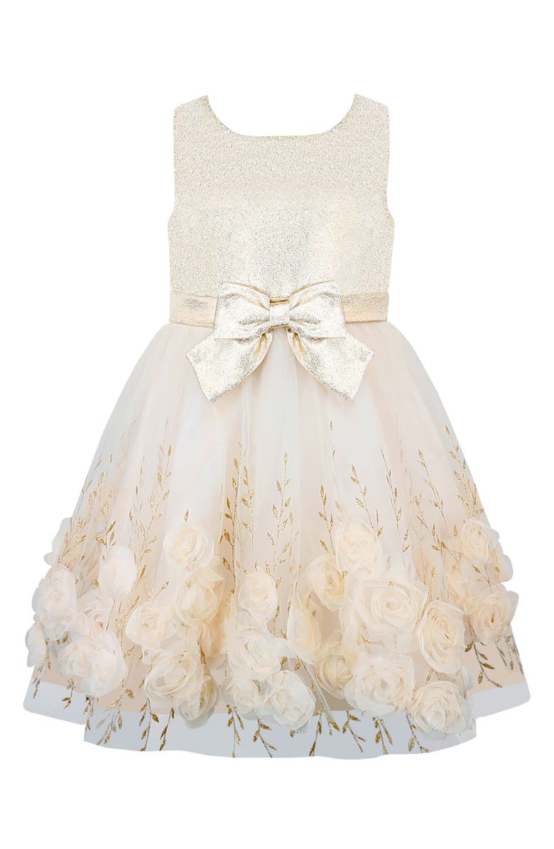 Zunie Kids' Foil Print Sleeveless Soutache Party Dress, Main, color, Champagne