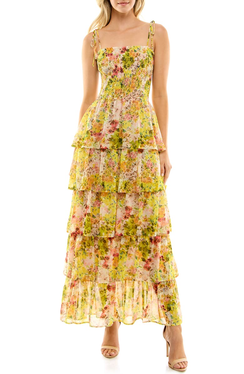 Socialite Floral Print Smocked Tiered Maxi Dress, Main, color,