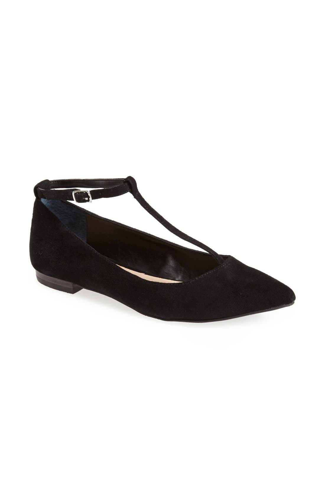 'Ivy' T-Strap Flat, Main, color, BLACK