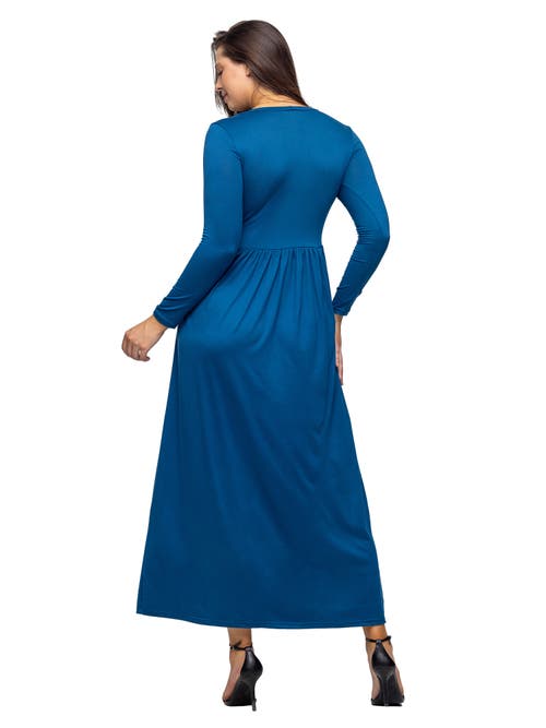 24seven Comfort Apparel Long Sleeve Empire Waist Pocket Maxi Dress In Blue