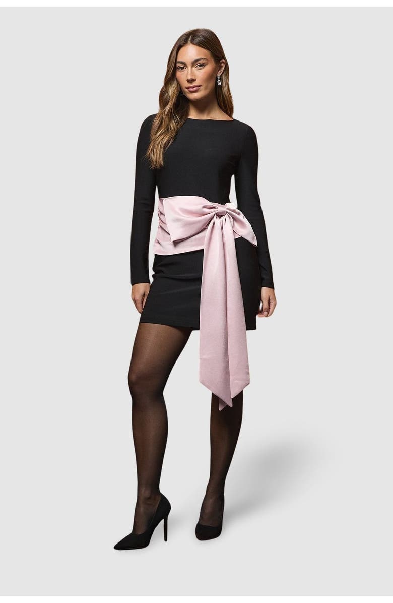 Coast Satin Bow Long Sleeve Mini Dress, Main, color, Black