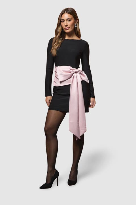 Satin Bow Long Sleeve Mini Dress