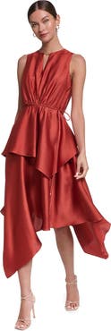 HALSTON Sleeveless Satin Midi Dress with Layered Skirt