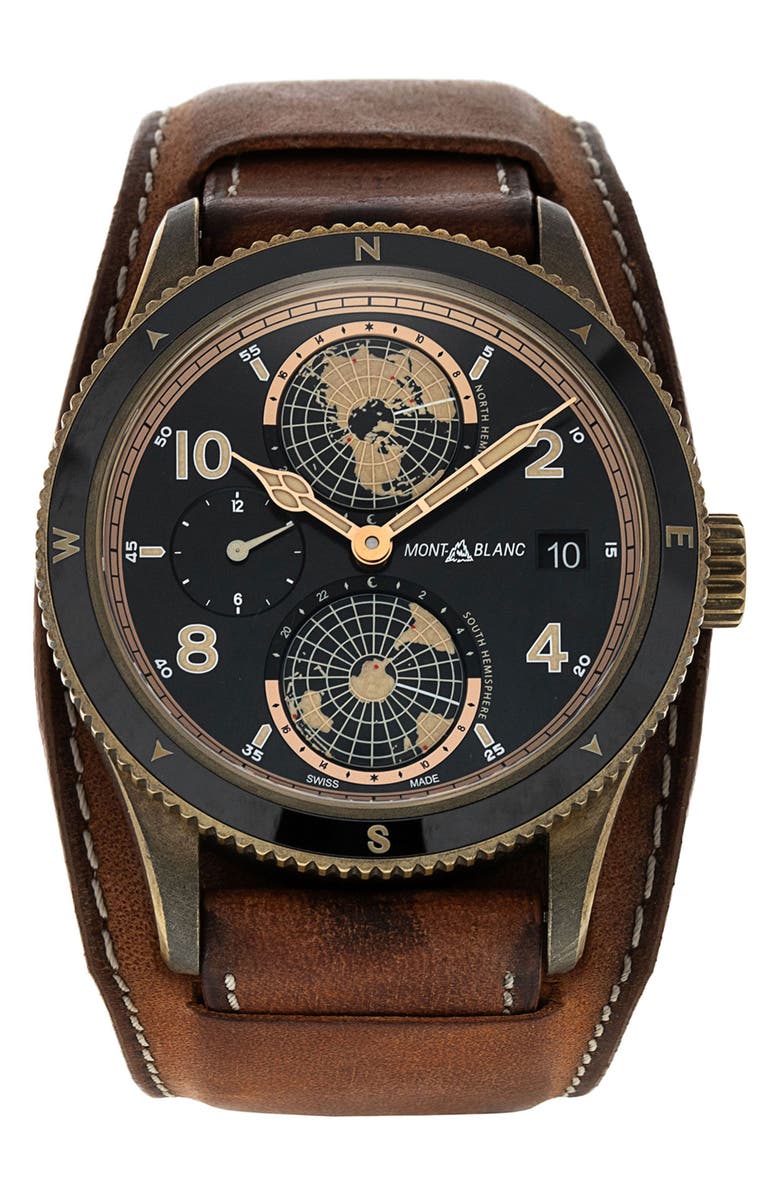 Watchfinder & Co. Montblanc Preowned 2022 Geosphere 117840 Leather Strap Chronograph Watch, 42mm, Main, color, Black