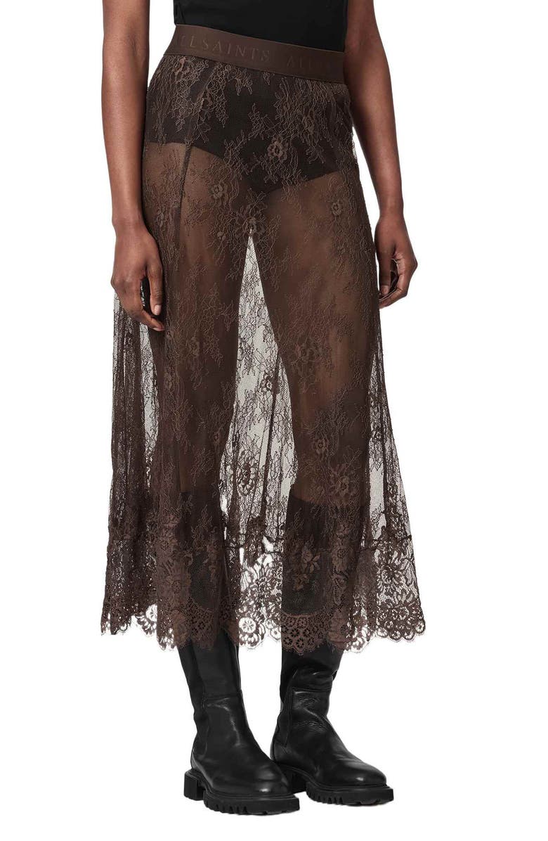AllSaints Arran Sheer Lace Maxi Skirt, Alternate, color, Bitter Brown